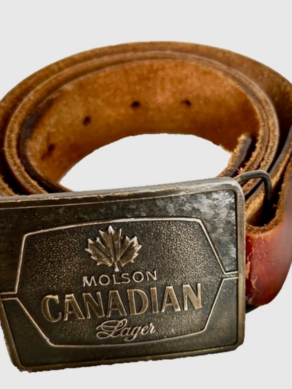 Molson Canadian Beer Lager Belt Buckle Tooled Leather Brown Size 32 USA 70's
